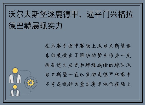 沃尔夫斯堡逐鹿德甲，逼平门兴格拉德巴赫展现实力